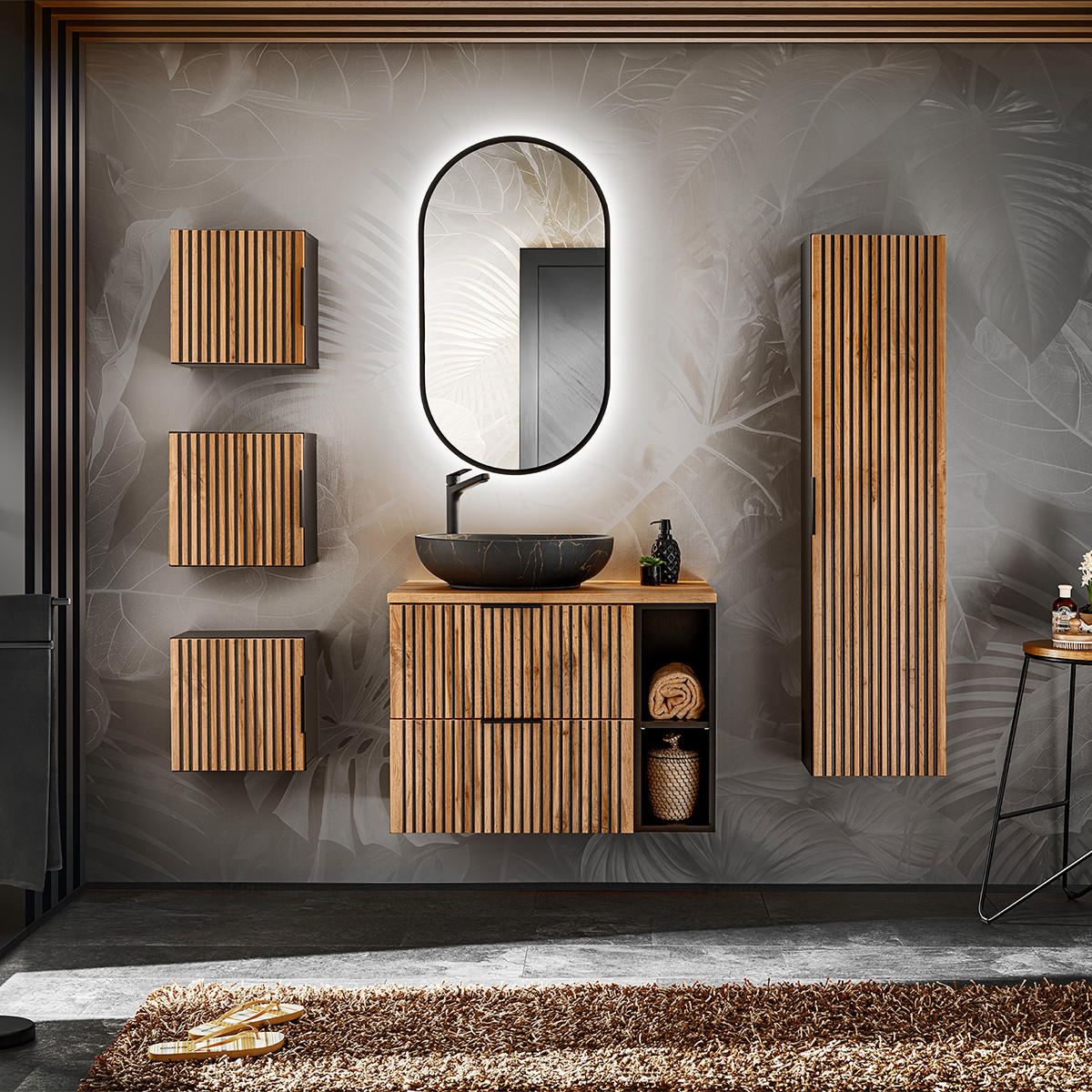 WASCHTISCHUNTERSCHRANK 80.6cm Gaia Holz in Eichenoptik und Schwarz - Schwarz, Holzwerkstoff (80.6/59/46cm) - Petits-meubles