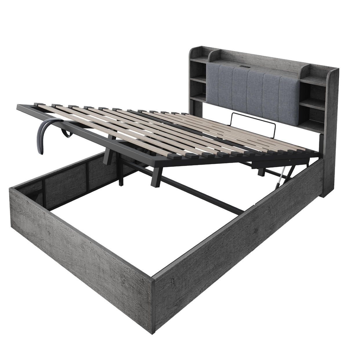 STAURAUMBETT 180/200 cm DE-01429, in Grau, mit Hydraulik und USB-C - Grau, Holzwerkstoff (180/200cm) - ComfortXL