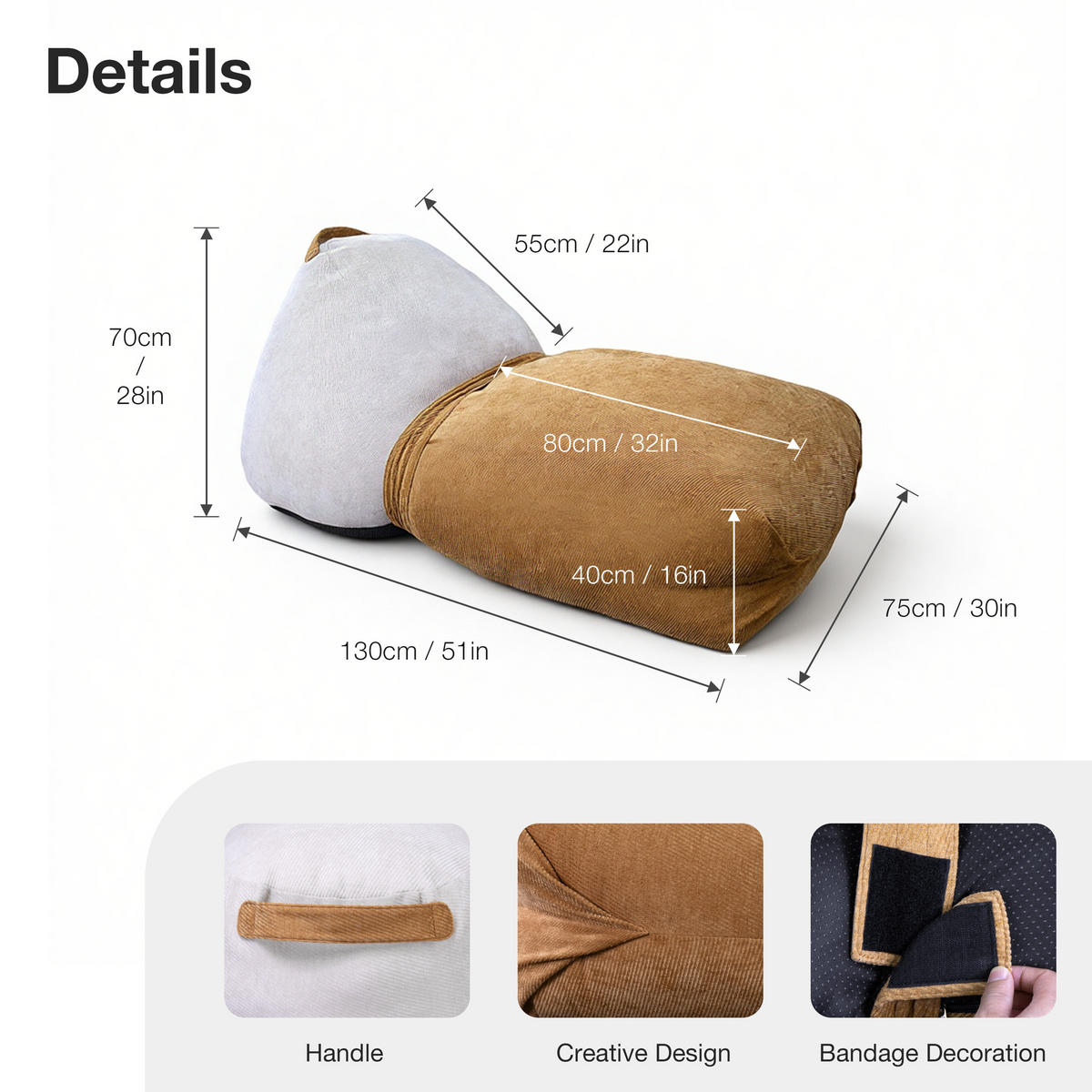 SITZSACK Beige Weiß 130cm - Gelb/Beige, Textil (130/60/80cm) - Vercart