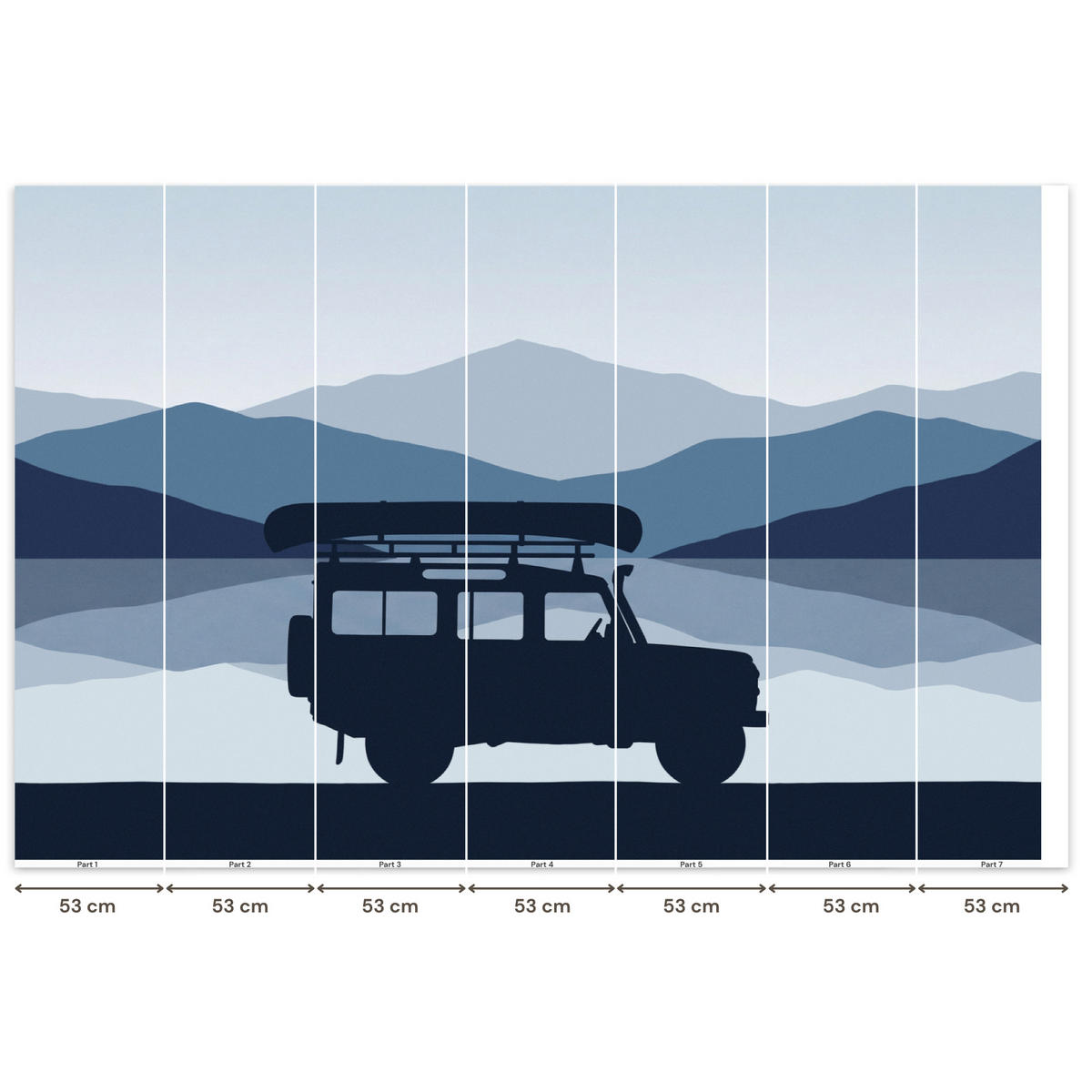 KINDERTAPETE - Auto - See - Berge - Blau - 350x240 cm - Blaugrau, Papier (350/240cm) - OnlyWow