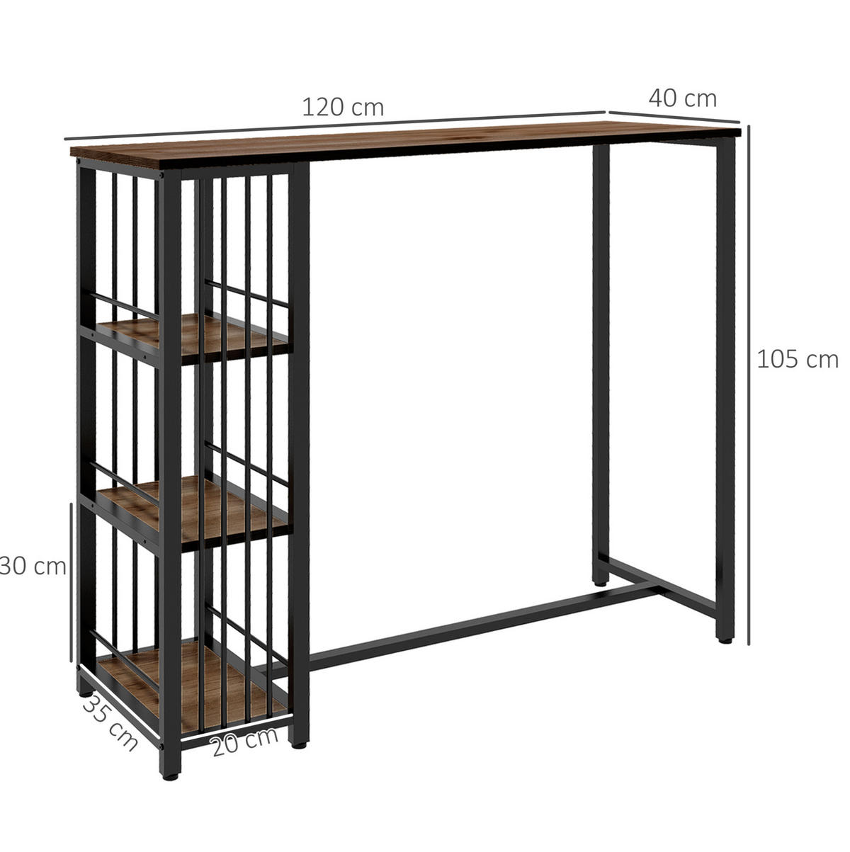 BARTISCH 120/40/105 cm in Braun mit 3 Ablagen im Industrial-Stil - Braun, Holzwerkstoff (40/120/105cm) - BEAOK