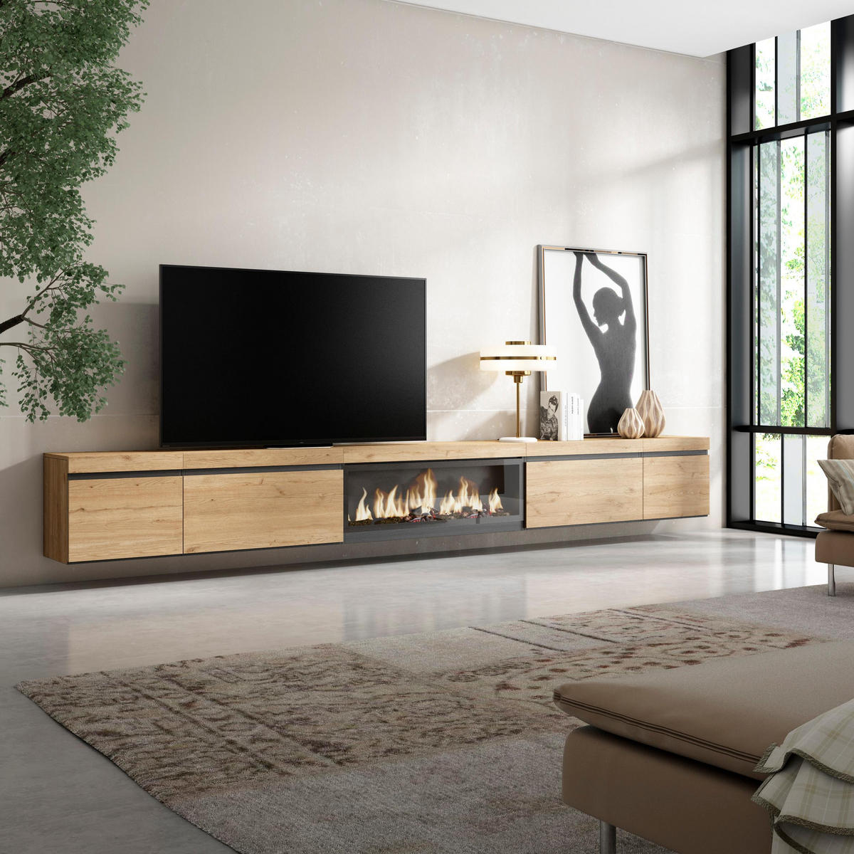 TV-SCHRANK Elektrokamin XXL, Hängend, eiche, 368/35/45cm - Eichefarben, Holzwerkstoff (368/45/35cm) - Skraut Home