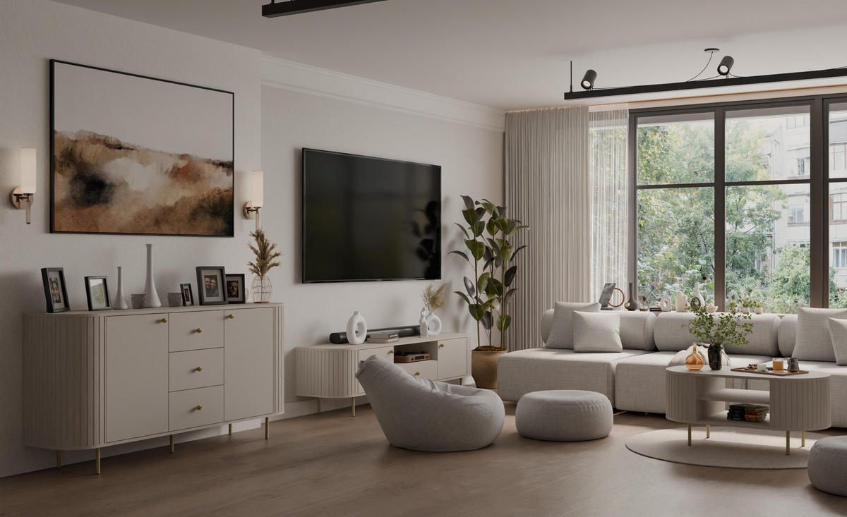 SIDEBOARD Halay Beige, 2 Türen & 3 Schubladen Moderne Rillenstruktur 164,6 cm - Beige/Goldfarben, Holzwerkstoff/Metall (164.6/85.4/42.3cm) - AX Living