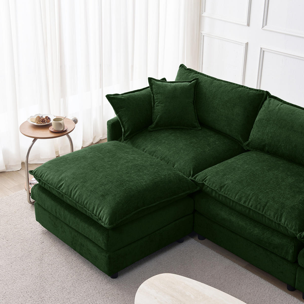 ECKSOFA mit Hocker, modulares 3-Sitzer-Sofa aus Chenille mit Federkern und Massivholzgestell, Grün - Grün, Textil (267/154cm) - Redom