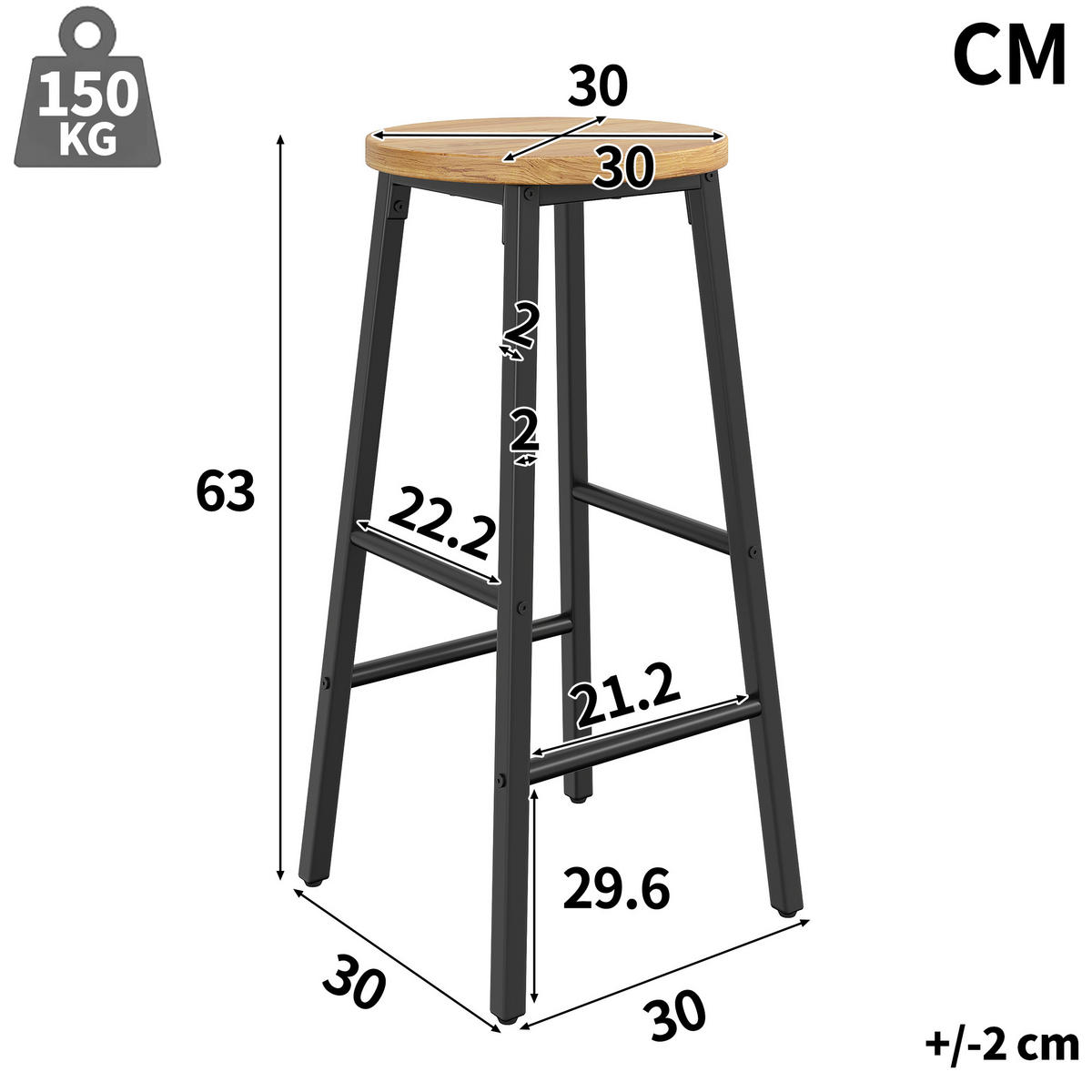 BARHOCKER 2er Set 63cm Holzoptik Sitz Schwarz Metall - Schwarz, Metall (30/63/30cm) - FLIEKS