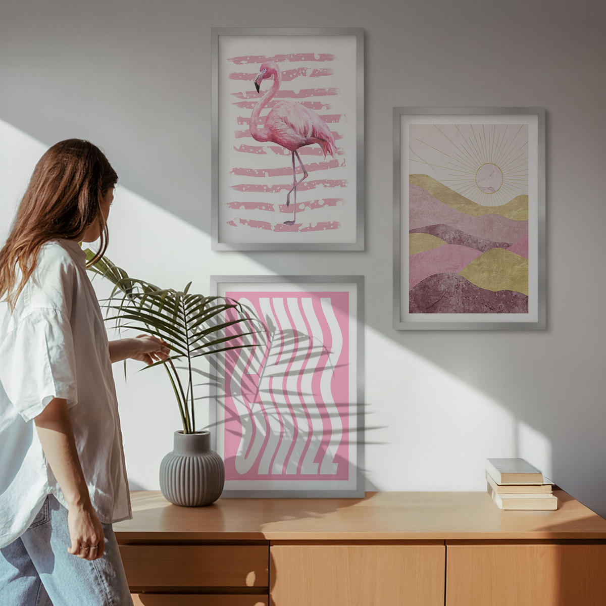 BILDER SET 3er Set - 40x60 cm Silberner Rahmen - Pastelllandschaft mit rosa Flamingos - Silberfarben, Kunststoff (40/60cm) - TULUP