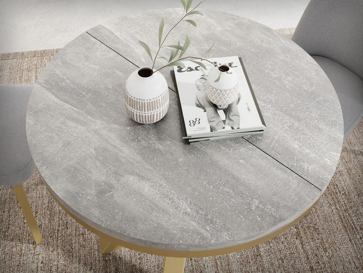 ESSTISCH Clara Gold runder ausziehbarer, Grauer Beton 120-200/120/76 cm - Goldfarben/Hellgrau, Holzwerkstoff/Metall (120/120/76cm) - WFL GROUP
