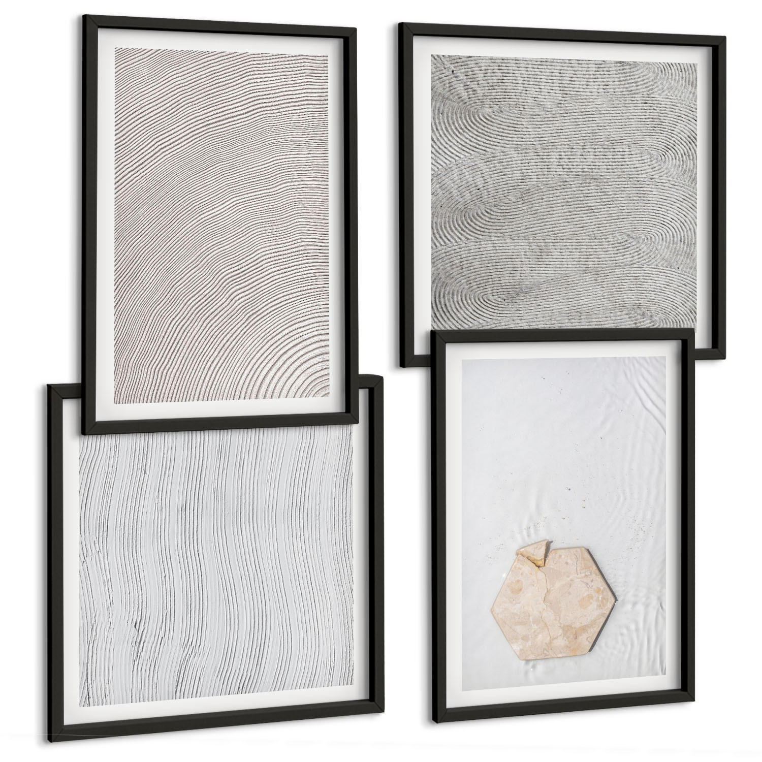 BILDER SET 4er Set - 50x50 cm & 40x60 cm Schwarzer Rahmen - Leichte Boho-Sandtexturen - Schwarz, Kunststoff (50/50cm) - TULUP