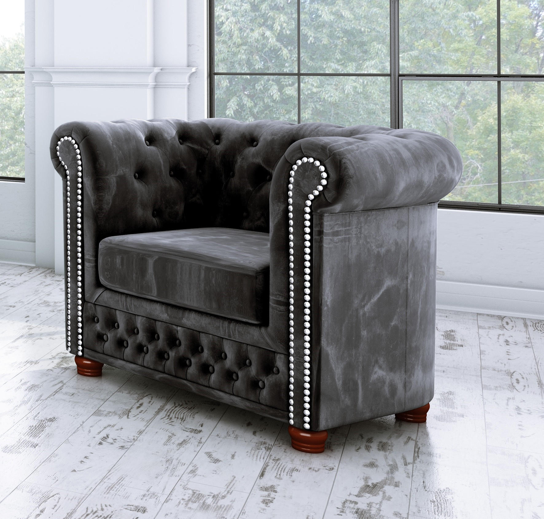 CHESTERFIELD-SESSEL Lauren Schwarz Samt - Schwarz/Braun, Holz/Textil (94/72/86cm) - S-Style Möbel