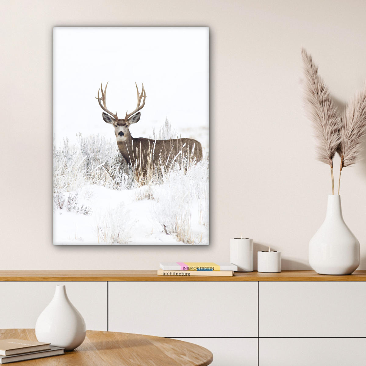 LEINWANDBILD Hirsche - Winter - Schnee - Tiere - Jahreszeiten - Weiß 60x80 cm - Hellbraun, Textil (60/80cm) - MuchoWow