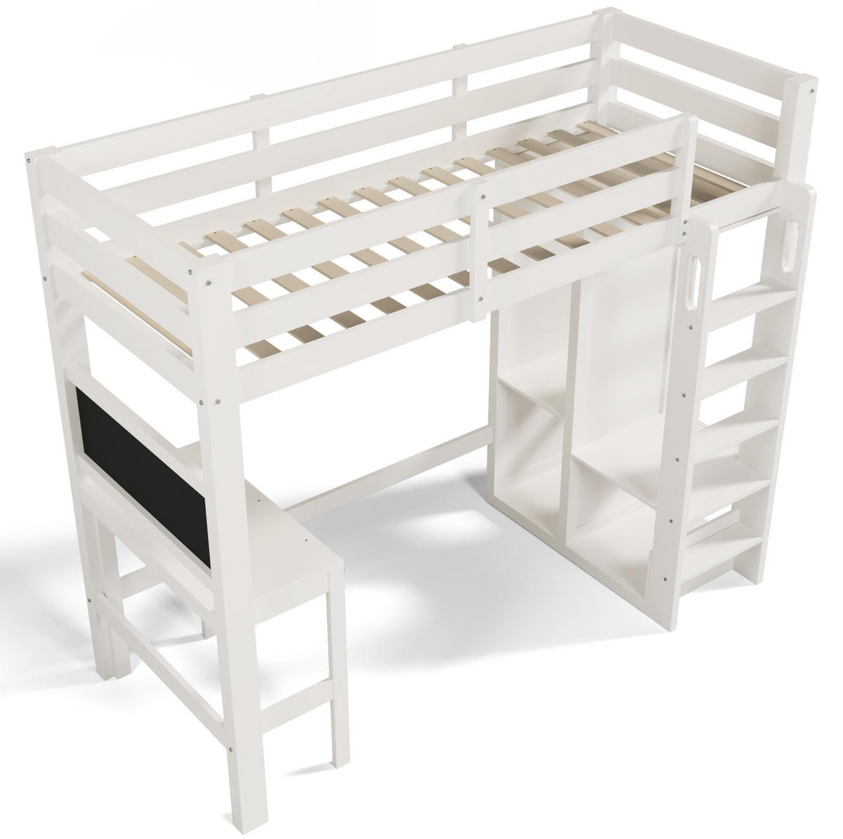 HOCHBETT 90/200 cm in Weiß mit Schreibtisch, Kreidetafel und offenem Kleiderschrank - Weiß, Holzwerkstoff (90/200cm) - Flora Grace