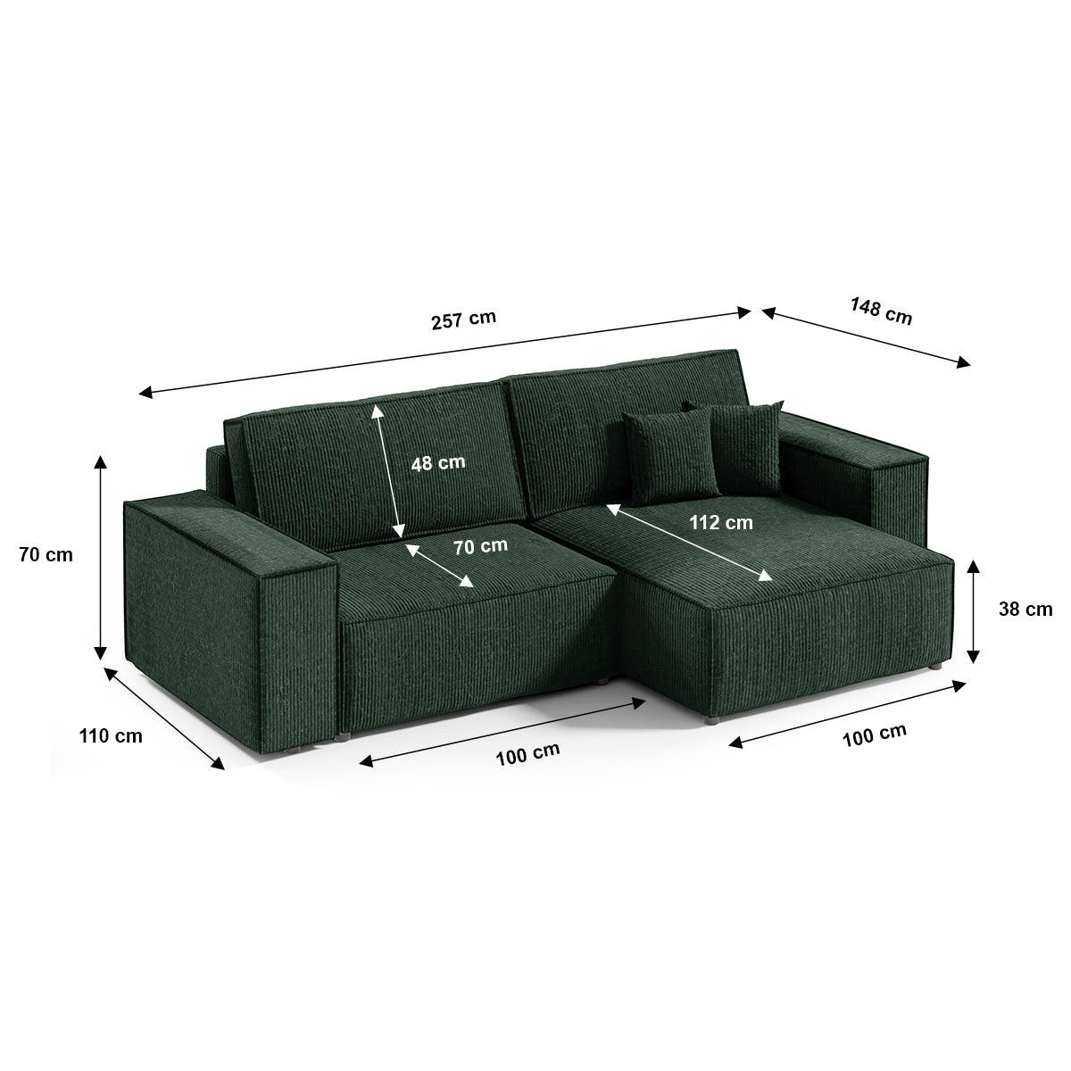 ECKSOFA Isaac 3 Sitzplätze Tannengrün - Grün, Holz (257/148cm) - Petits-meubles