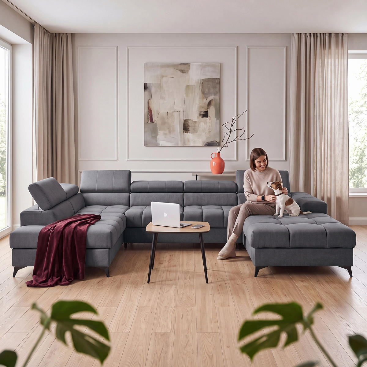 ECKSOFA PUDDING U Rechts mit Schlaffunktion 125x260 Velours Dunkelgrau - Dunkelgrau/Schwarz, Holz/Textil (350/203cm) - Muffo