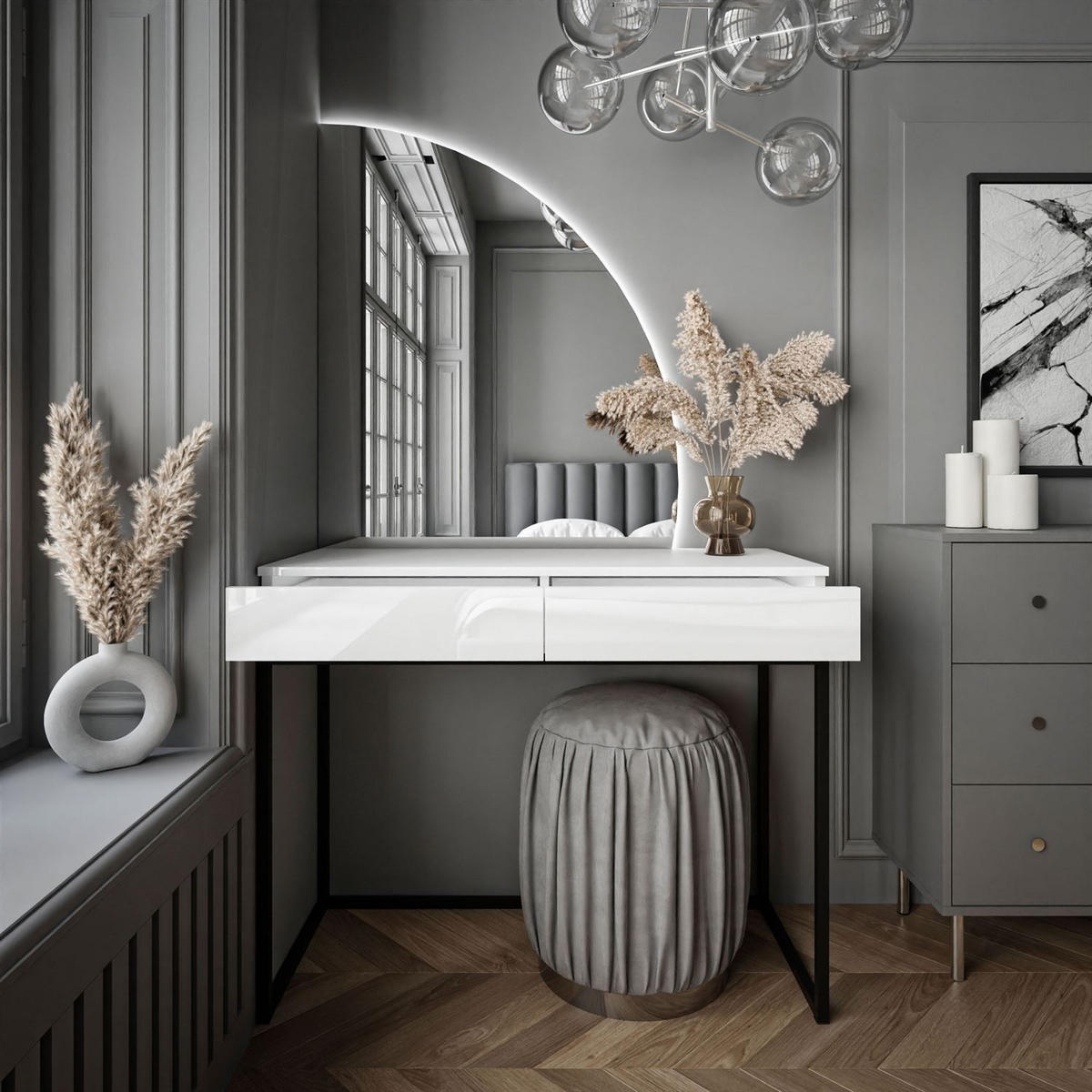 SCHMINKTISCH schwarz/weiß Hochglanz QUINNIE mit LED-Spiegel rechts PUSH OPEN - Weiß Hochglanz/Schwarz, Holzwerkstoff (100/176/42cm) - Lookway