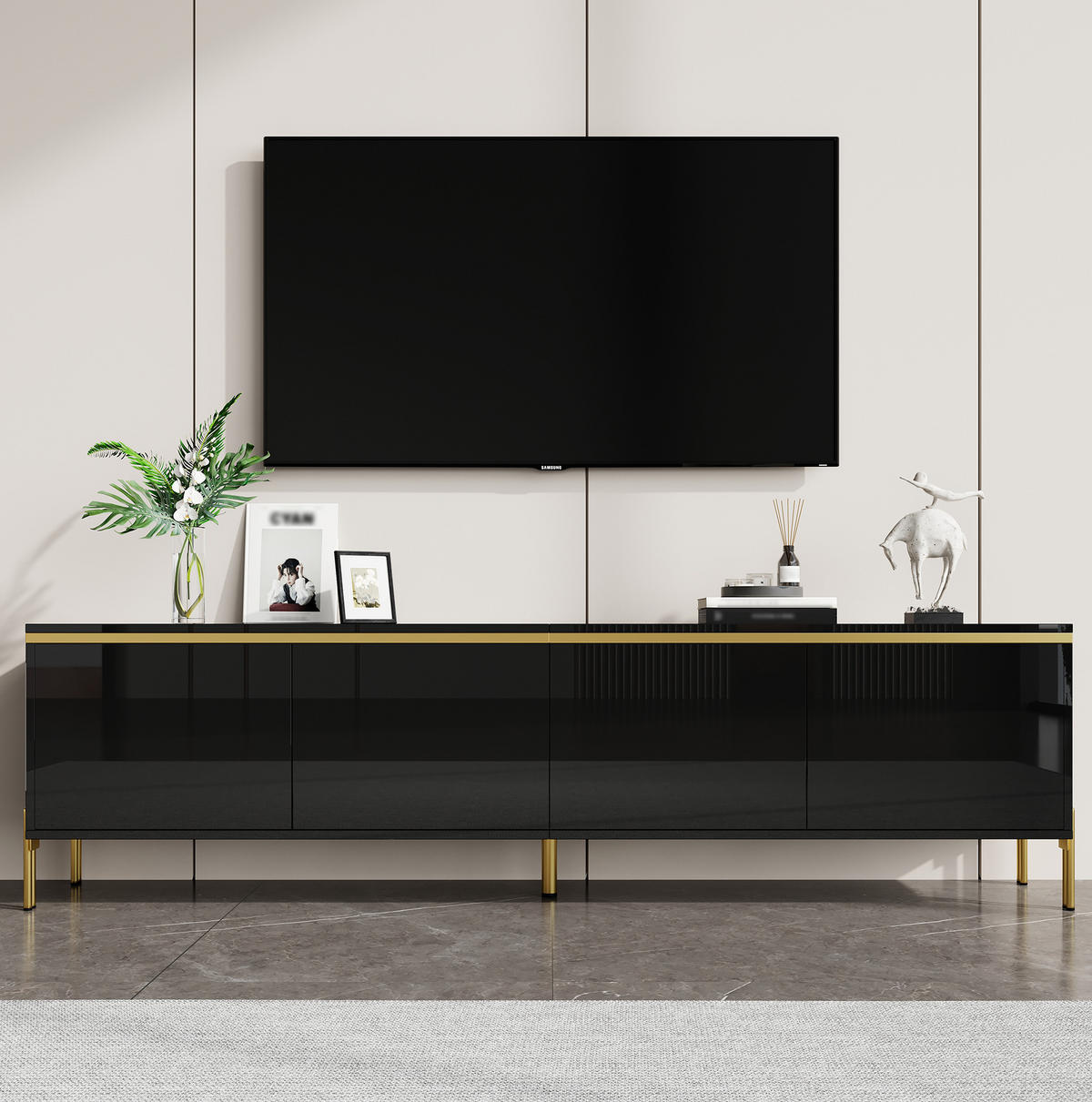 TV ormarić 170/38/50 cm crni od iverala s 4 vrata i otvorima za kabele - crna, drvni materijal (170/50/38cm) - OKWISH