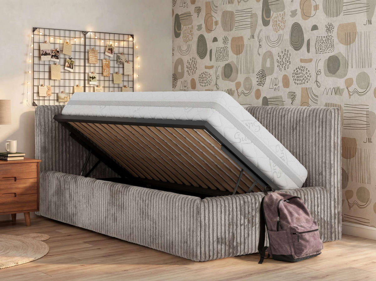 POLSTERBETT TILVO 90/200 - Hellbraun Cord - Taschenfederkernmatratze - Links - Hellbraun, Textil (90/200cm) - MKS