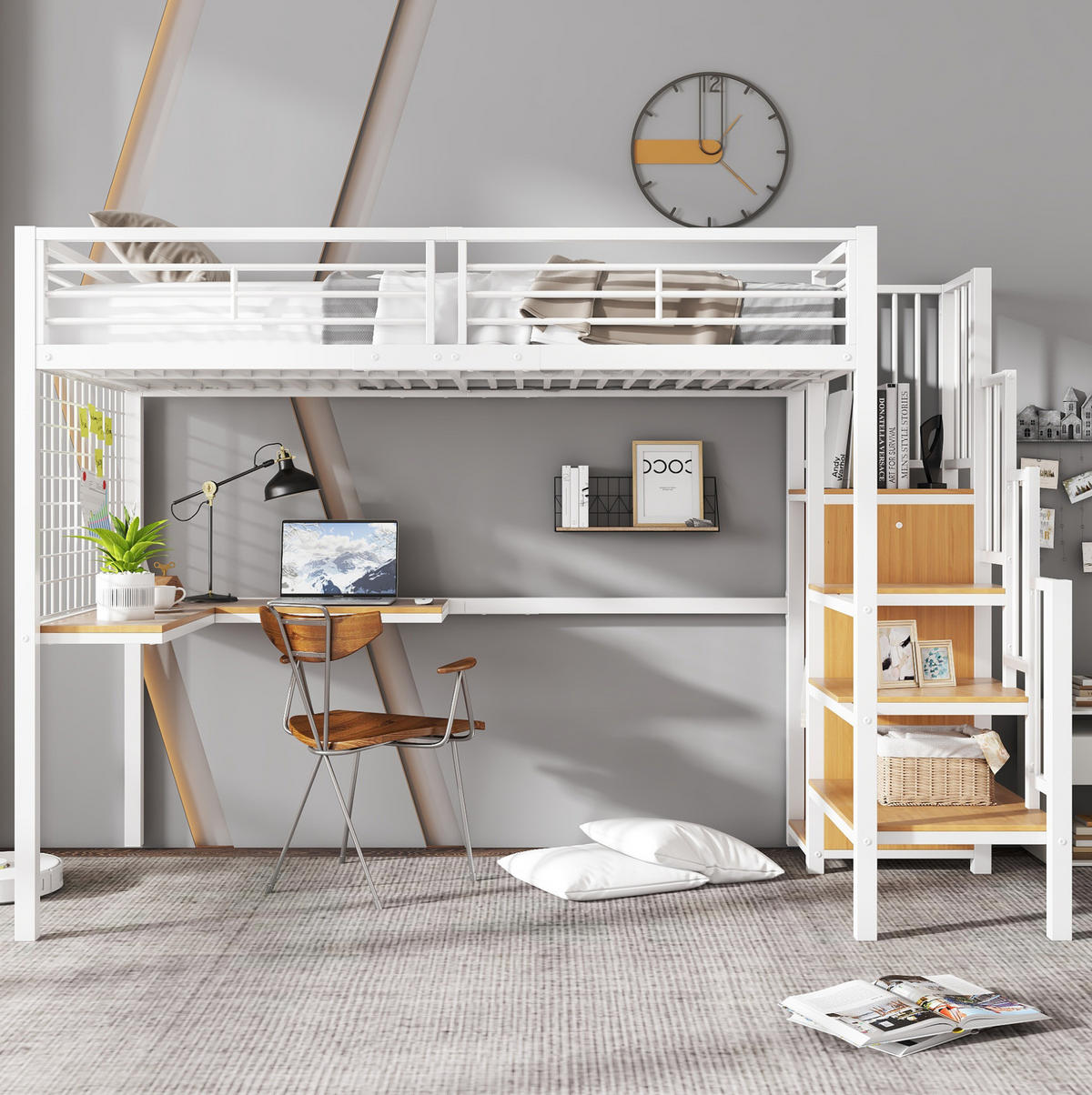 HOCHBETT 90/200 cm in Weiß/Natur – mit Schreibtisch, Kleiderschrank und Treppe - Weiß, Holzwerkstoff (90/200cm) - BEAOK