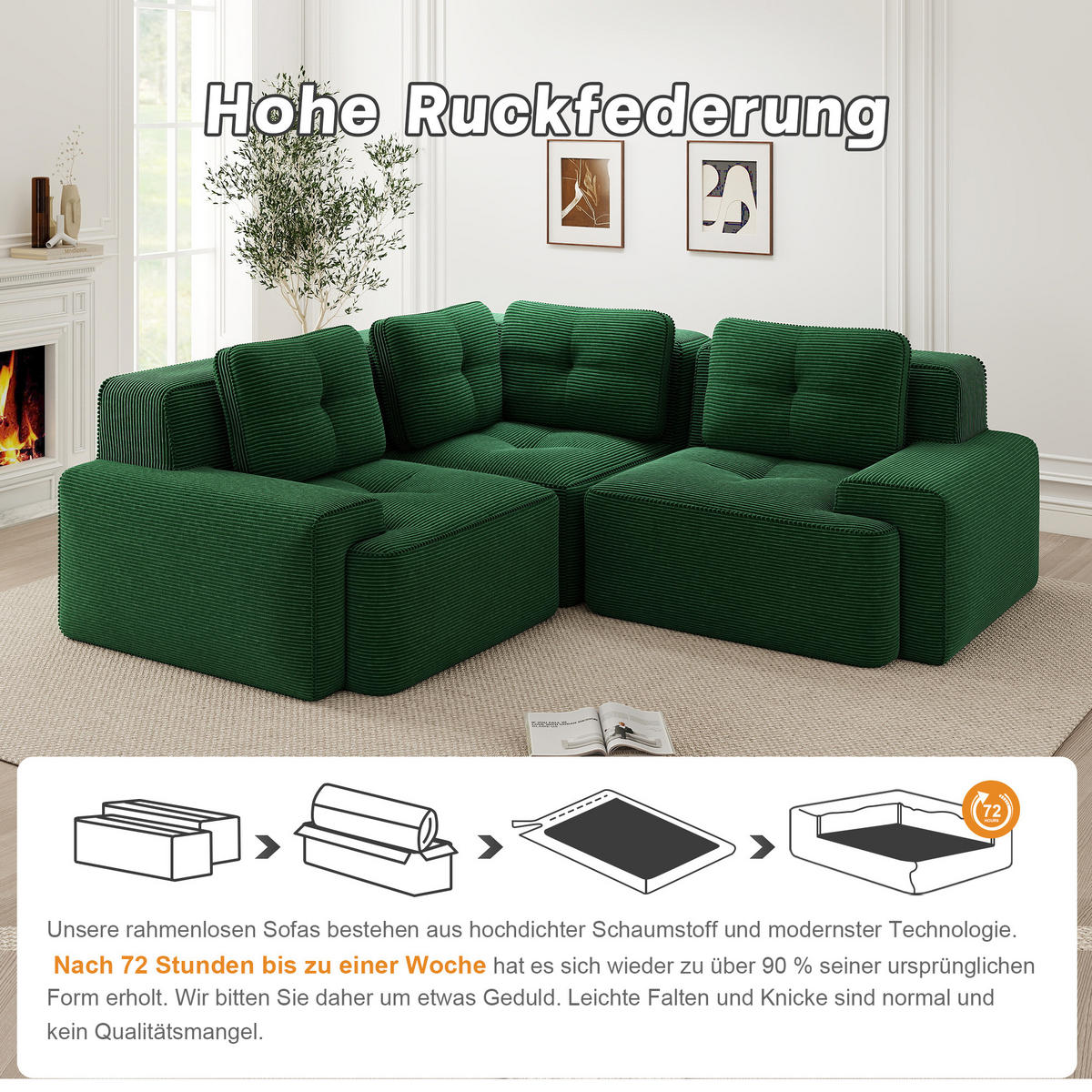 MODULARES Ecksofa aus Cord mit tiefem Sitz und rutschfestem Standfuß Grün - Grün, Textil (104/177cm) - Modenvie