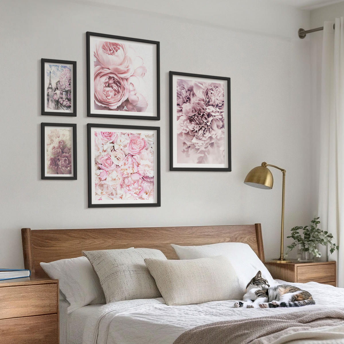 WANDBILDER 5er-Set - 50x50 cm & 20x30 cm & 40x60 cm Schwarzer Rahmen - Rosa Blumen, romantische Landschaft - Schwarz, Kunststoff (40/60cm) - ArtPrintCave