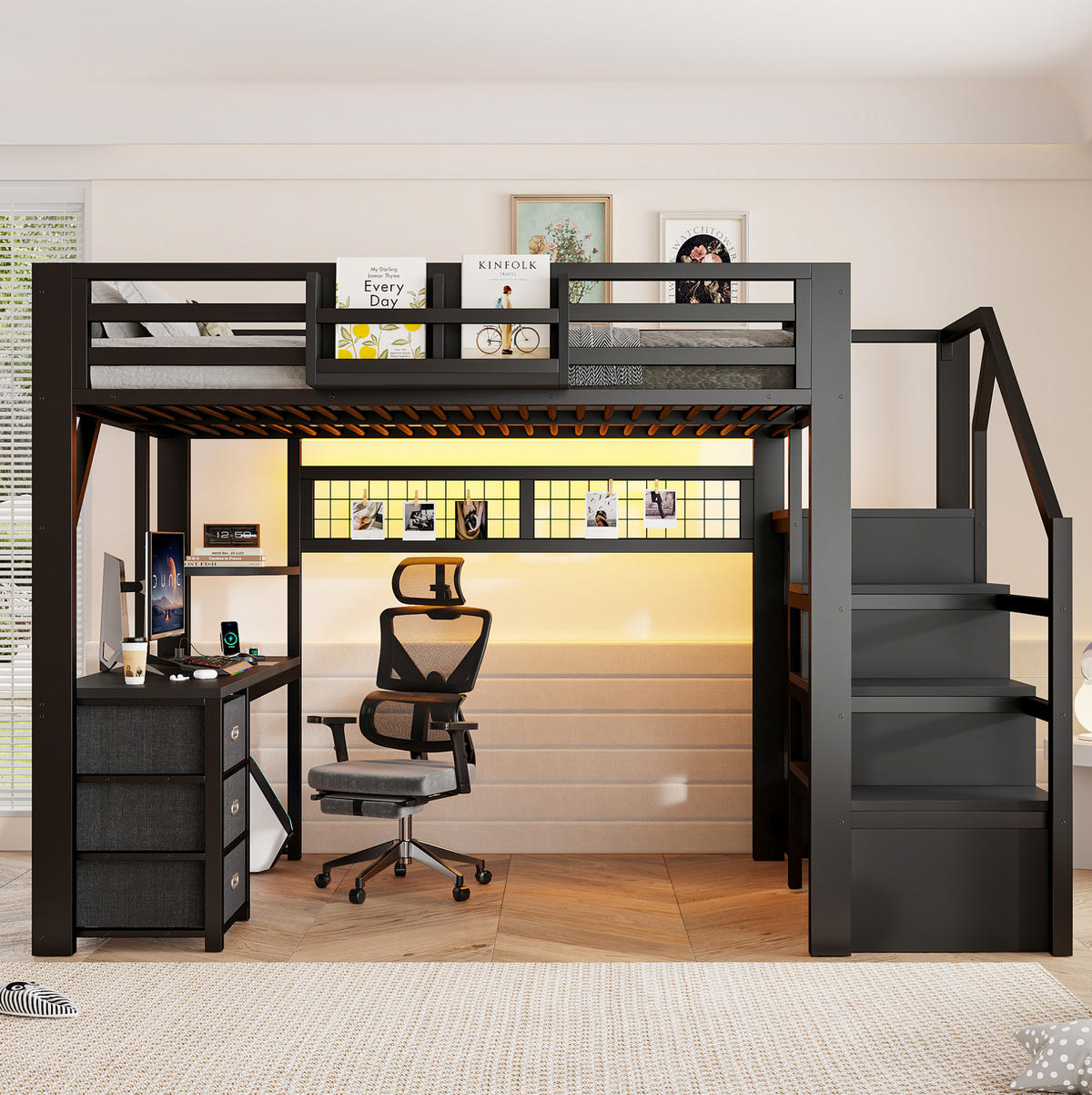 HOCHBETT 140x200 cm in Schwarz mit Schreibtisch, Kleiderschrank und LED-Beleuchtung - Schwarz, Holzwerkstoff (140/200cm) - IVMEU