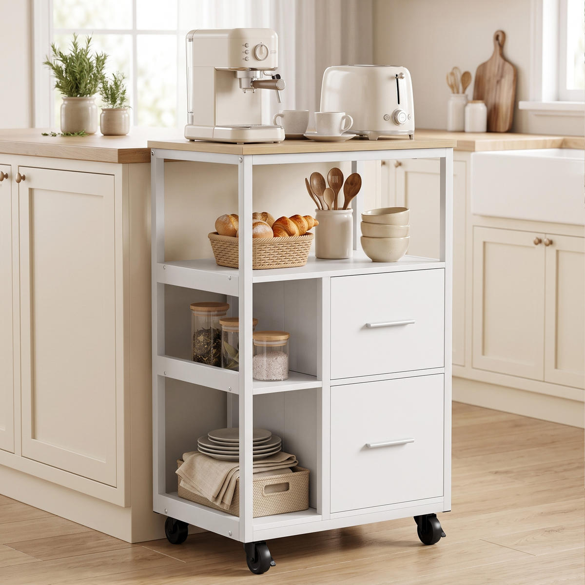 KÜCHENWAGEN Spanplatte Stahl Weiß - Weiß, Holzwerkstoff (37/89/53cm) - HOMCOM