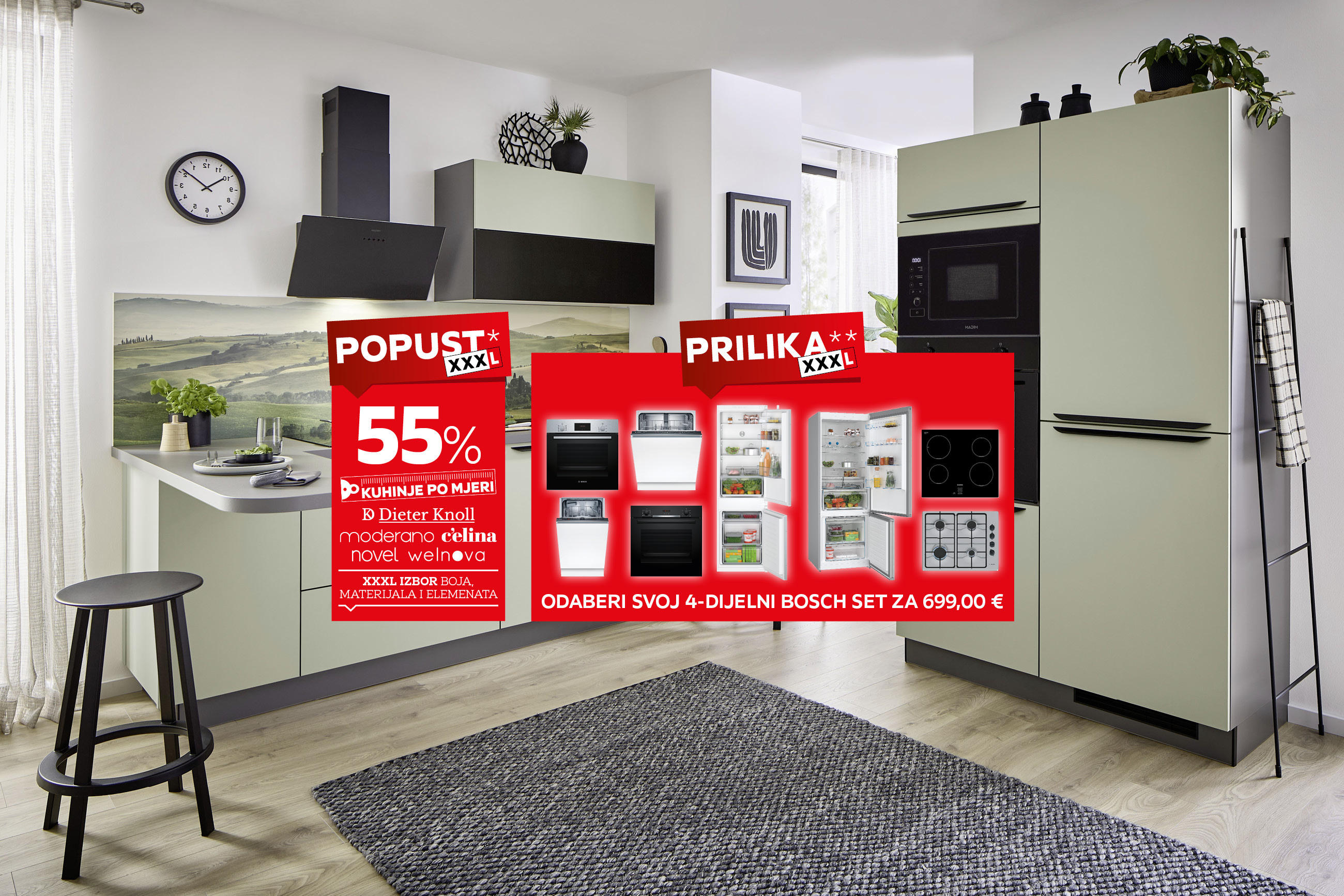 XXXL popust* 55% kuhinje po mjeri Dieter Knoll, moderano, c'elina, novel, welnova / XXXL izbor boja, materijala i elemenata / Prilika** odaberi svoj 4-dijelni Bosch set za 699,00 €