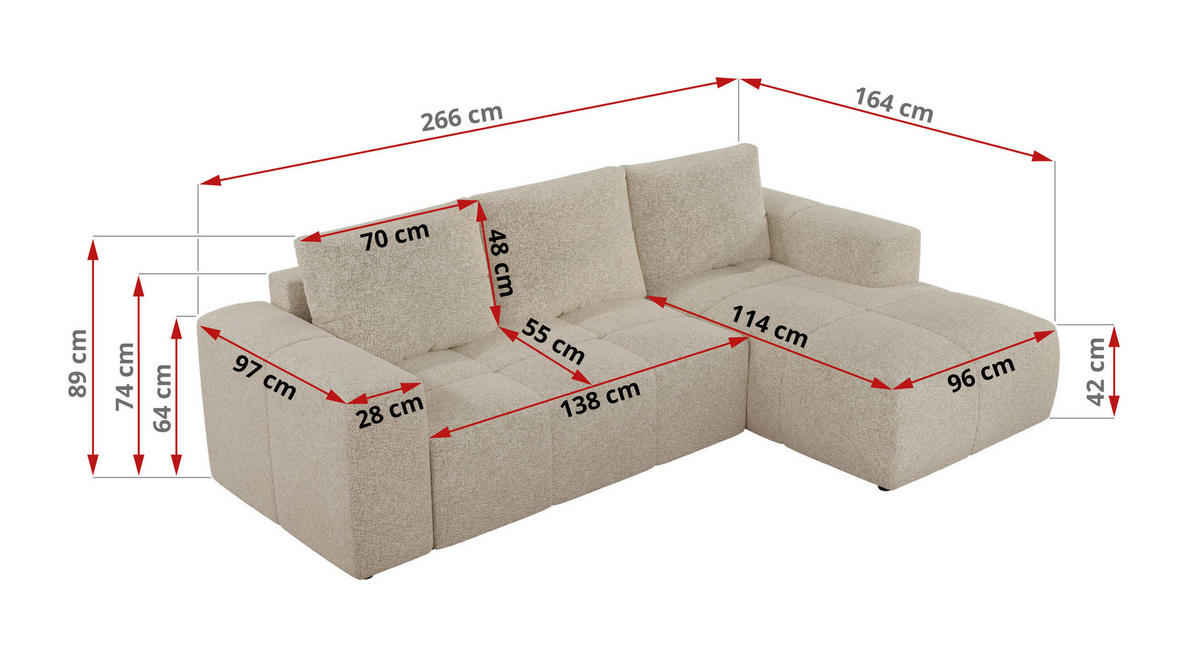 ECKSOFA MONIVA Creme Strukture - Rechts - Creme/Schwarz, Textil (266/164cm) - MKS