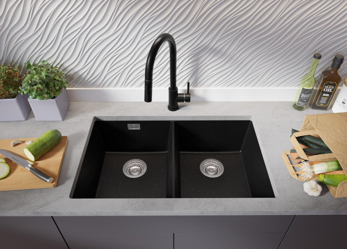 UNTERBAUSPÜLE GRANIT London Twin, 2-er set Schwarz Metallic 76/47 cm 2 Becken + Ablauf-Set ab 80er Unterschrank - Chromfarben/Schwarz Hochglanz, Kunststoff (76/20/47cm) - Primagran