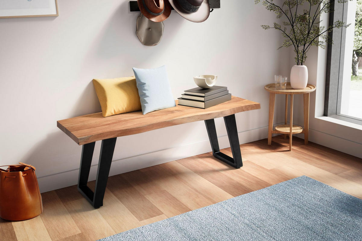 SITZBANK – Akazie Massivholz/Metall, 120x40x45,5 cm, mit Baumkante, U-Beine - Schwarz/Braun, Holz/Metall (120/46/40cm) - KADIMA DESIGN