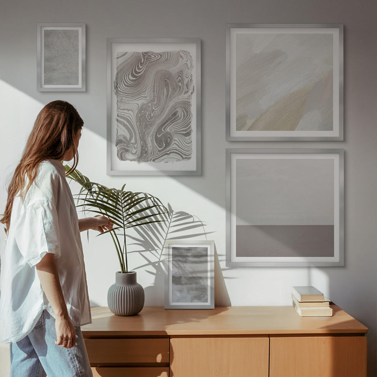 BILDER SET 5er Set - 50x50 cm & 20x30 cm & 40x60 cm Silberner Rahmen - Industriedesignstrukturen - Silberfarben, Kunststoff (40/60cm) - TULUP