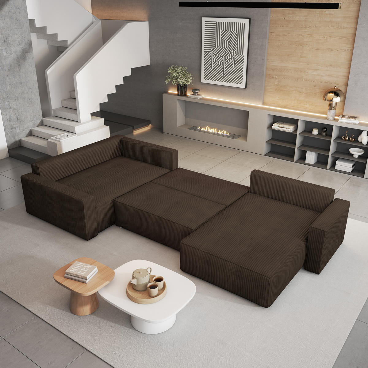 WOHNLANDSCHAFT VELAMI L-S Braun Kordstoff mit Schlaffunktion - Braun, Holz (365/83/194cm) - MASSENO