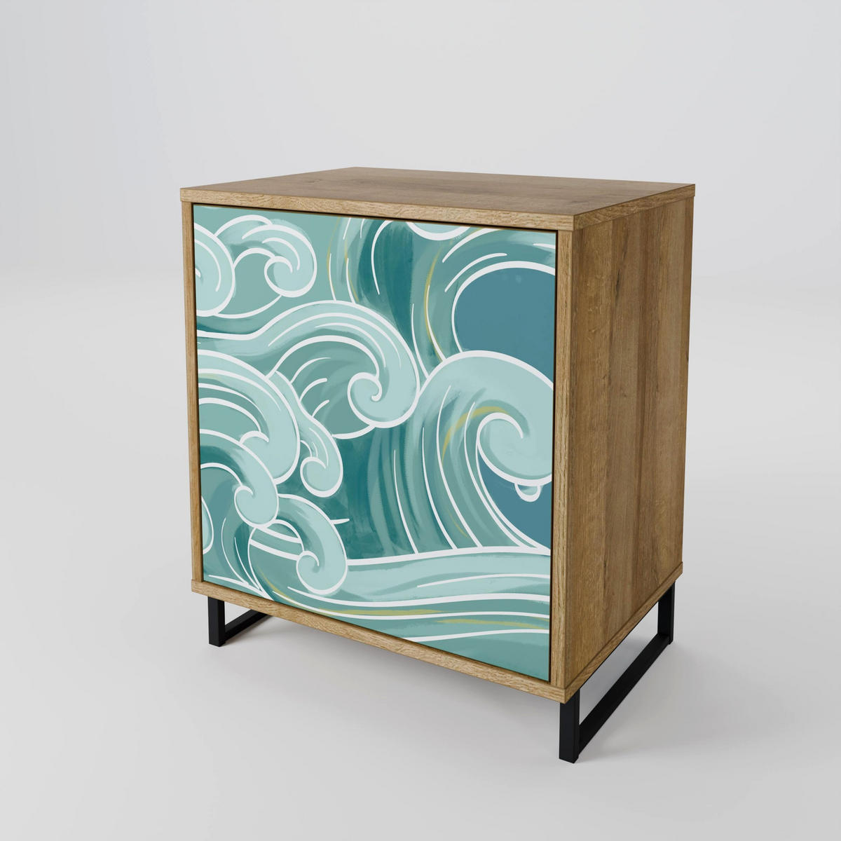 SIDEBOARD ASIAN SWAY, Eichefarben, 57,5x42x72,5 cm, Schwarze Metallfüße - Eichefarben/Multicolor, Holzwerkstoff/Metall (57.5/72.5/42cm) - SpaceRebels