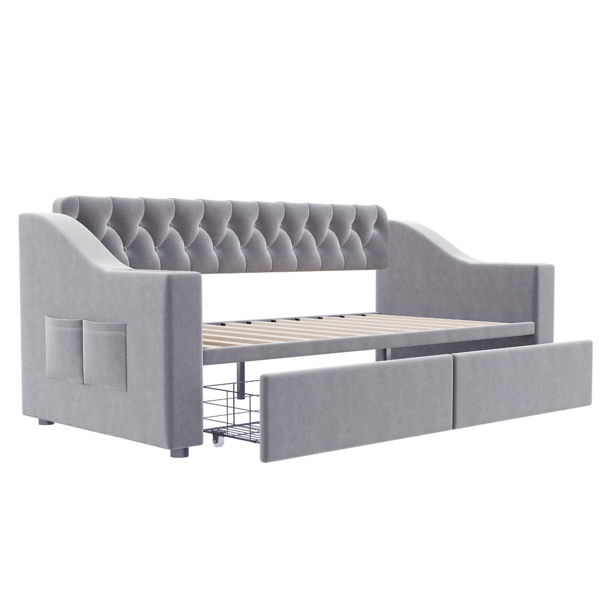 SCHLAFSOFA aus Samtstoff 90x190 cm Hellgrau mit USB-Anschluss und 2 Stauraumschubladen - Hellgrau, Textil (90/190cm) - IVMEU
