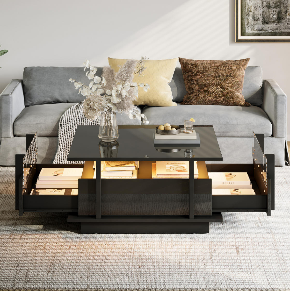 COUCHTISCH mit 2 Schubladen 70x70 cm Hochglanz Schwarz mit LED - Schwarz, Holzwerkstoff (70/70/35cm) - Meubliv