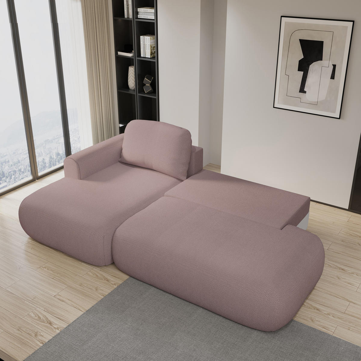 ECKSOFA NUVIRA L-S Rosa Geflochtener Stoff mit Schlaffunktion - Rosa, Holz (274/165cm) - MASSENO