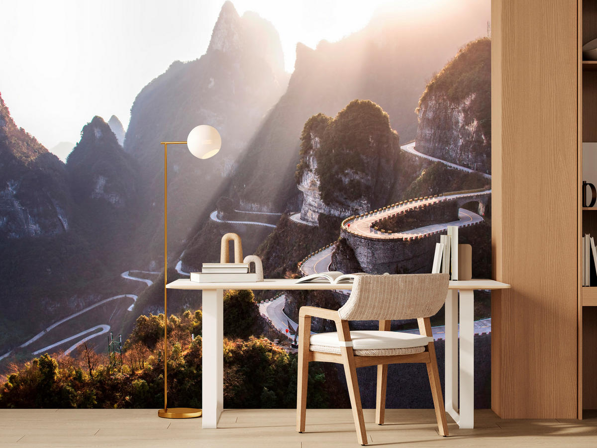 FOTOTAPETE für Wohnzimmer Felsige Bergstraße Sonnenuntergang 400x280 - Beige/Gelb, Papier (400/280cm) - Muralo