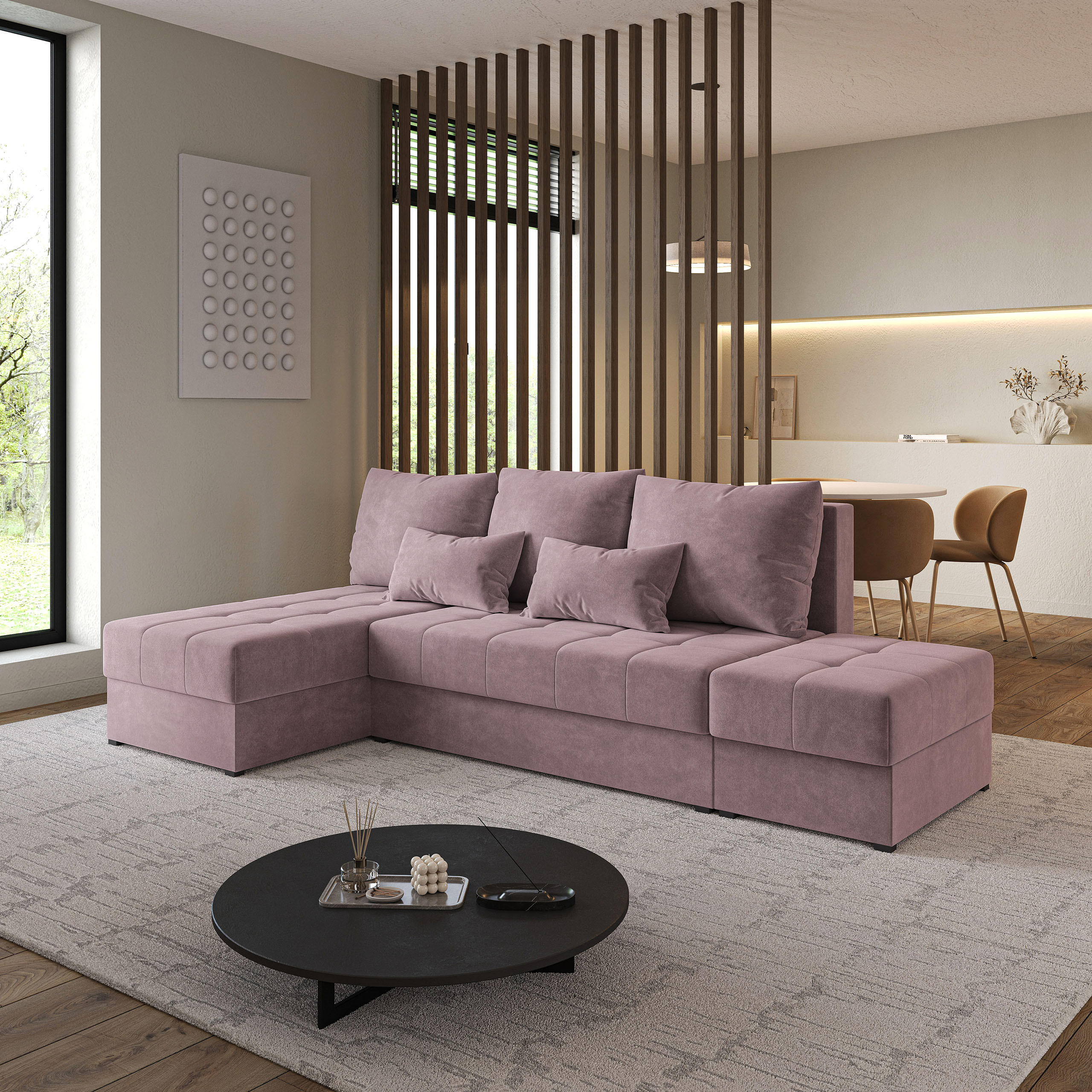 ECKSOFA NORVI Rosa Plüsch-Stoff mit Schlaffunktion - Rosa, Holz (251/143cm) - MASSENO