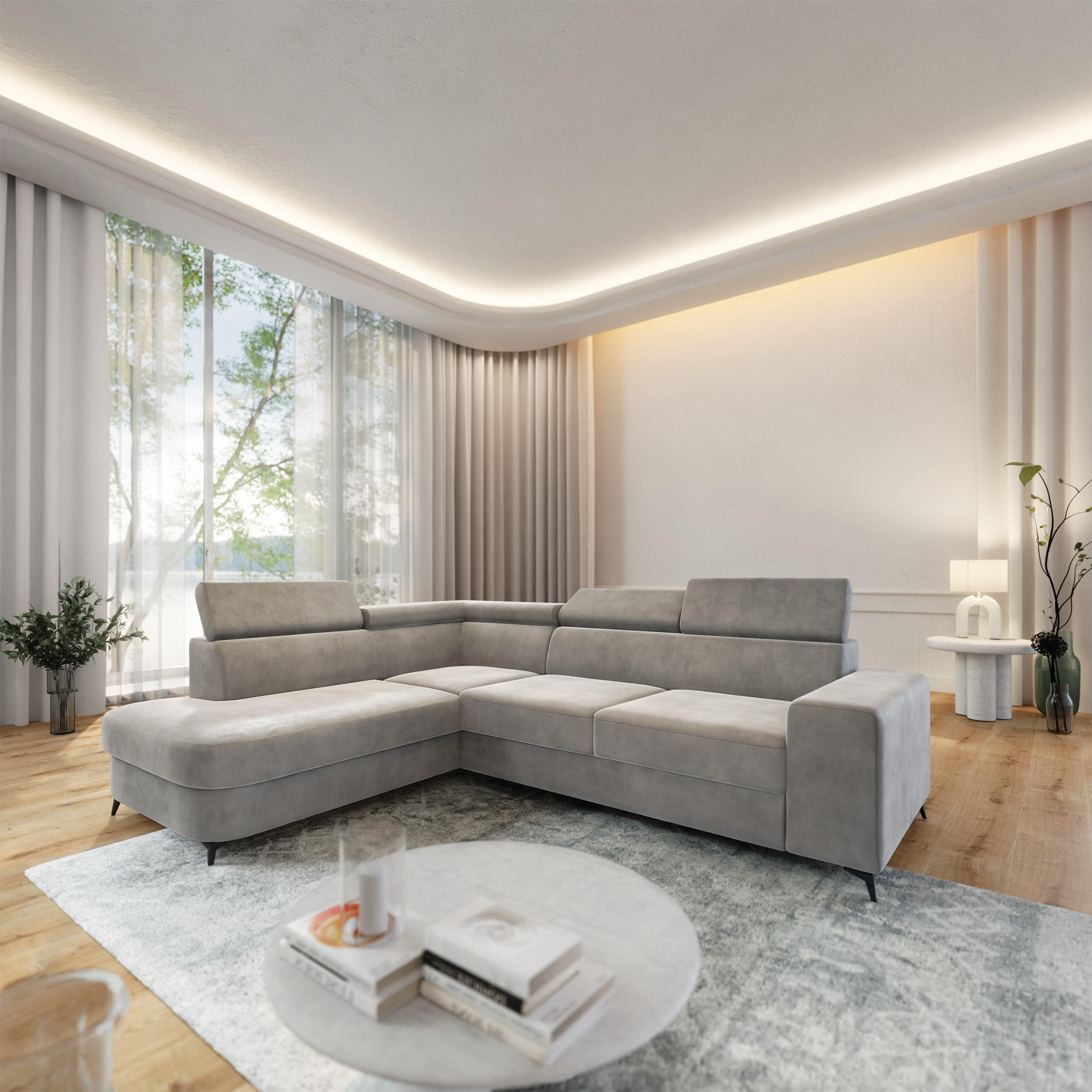 ECKSOFA ALVORO L-S Hellgrau Velours-Stoff mit Schlaffunktion - Hellgrau, Holz (253/190cm) - MASSENO