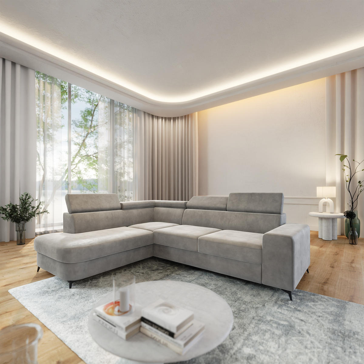 ECKSOFA ALVORO L-S Hellgrau Velours-Stoff mit Schlaffunktion - Hellgrau, Holz (253/190cm) - MASSENO