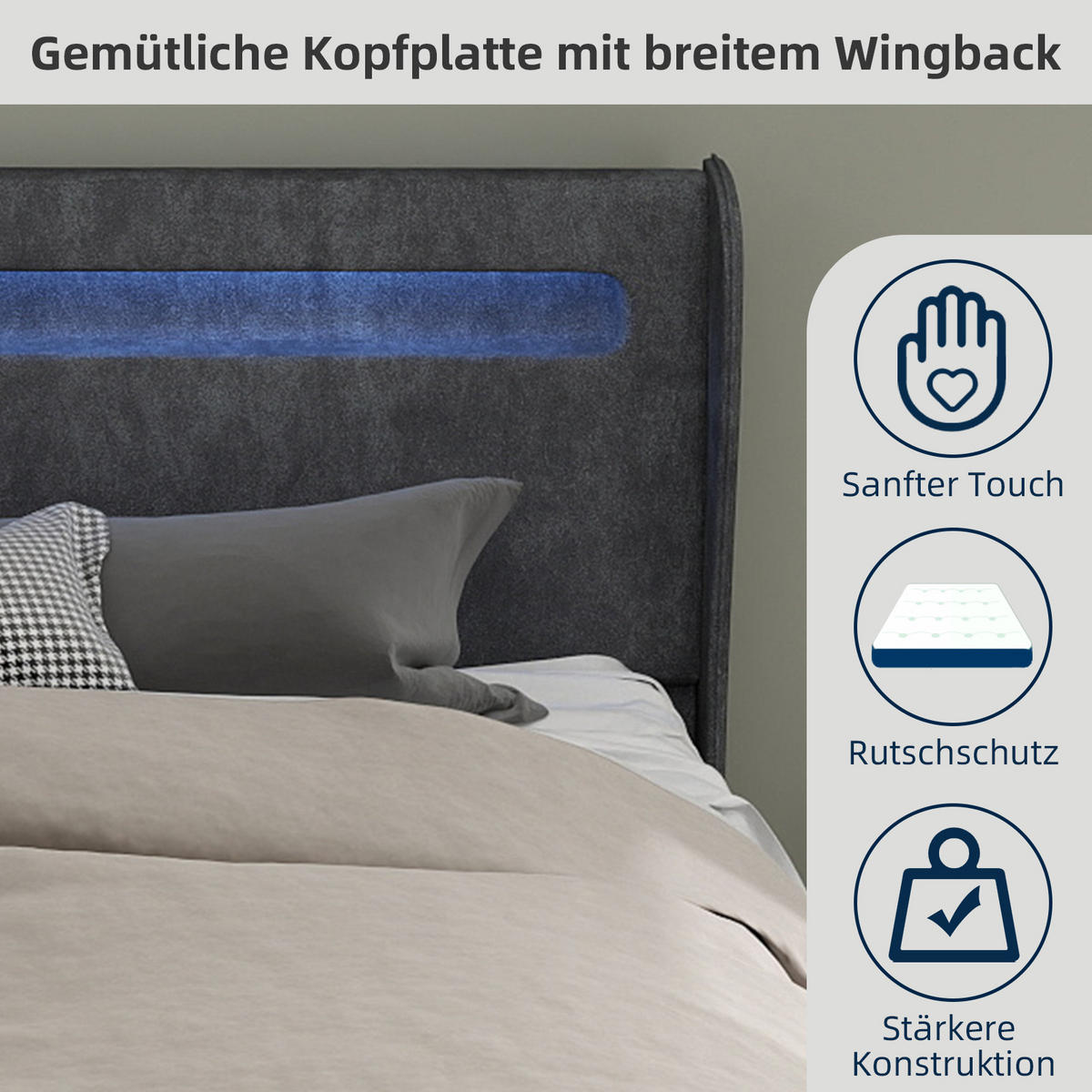 POLSTERBETT 140/200 cm in Grau Stoff mit LED - Grau, Holzwerkstoff/Textil (140/200cm) - WISHDOR