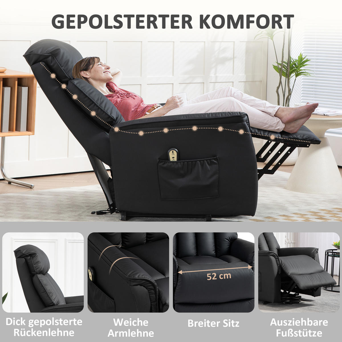 SESSEL mit Aufstehhilfe Kunstleder schwarz - Schwarz, Leder/Holzwerkstoff (80/104/94cm) - HOMCOM