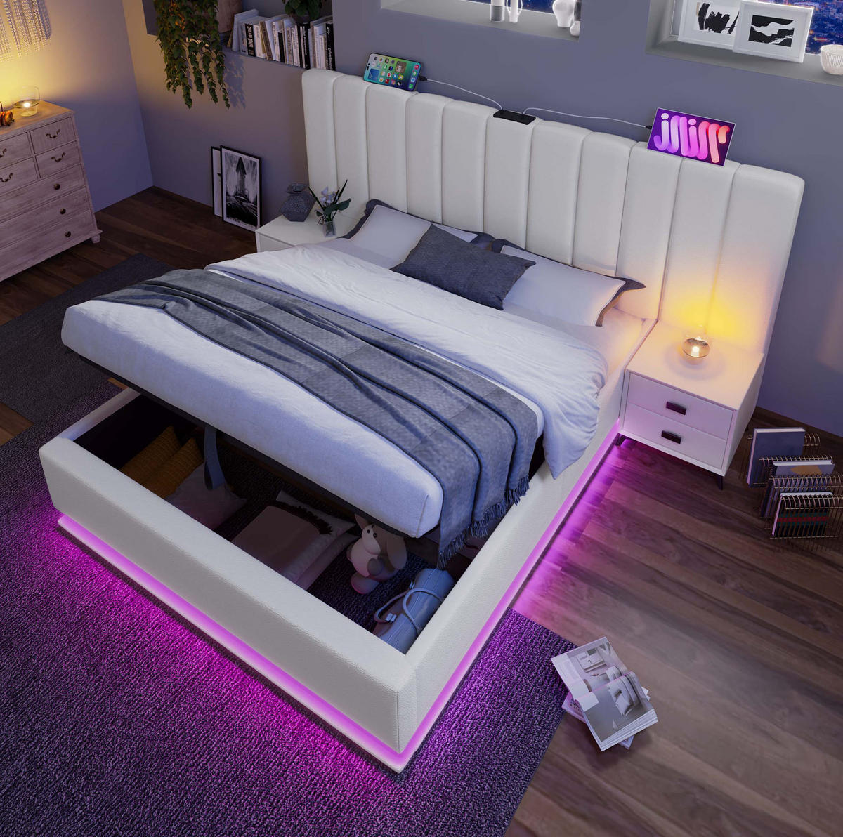 BETT mit Stauraum 160x200 cm PU Weiß mit LED und USB-C - Weiß, Metall (160/200cm) - Meubliv