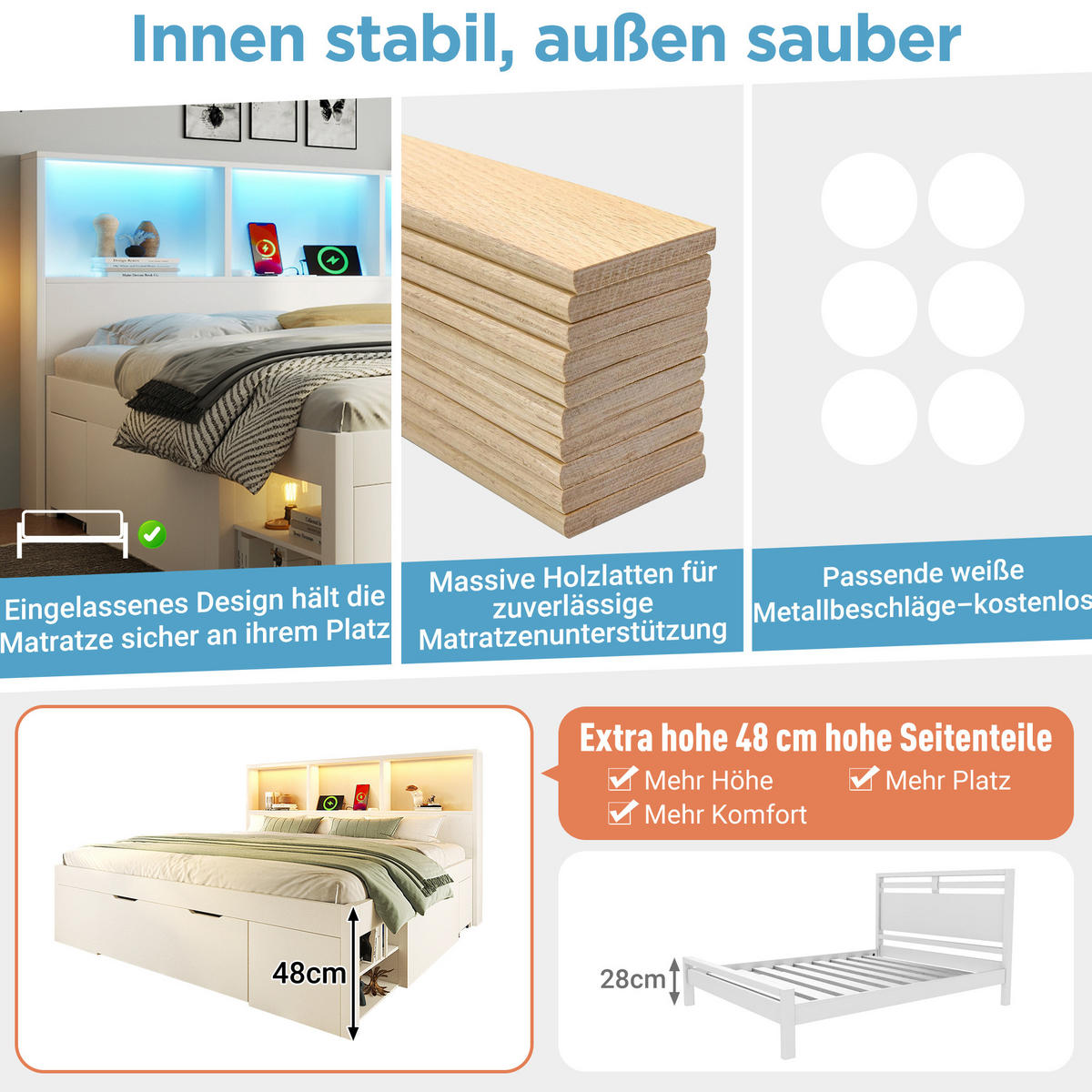 MANŽELSKÁ posteľ 140/190 cm biela z dreva s LED osvetlením USB a 2 pohyblivými nočnými stolíkmi - biela, kompozitné drevo (140/190cm) - OKWISH