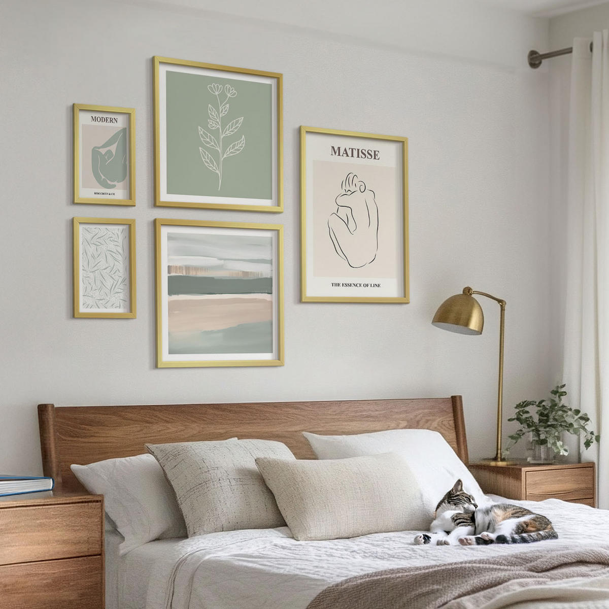 WANDBILDER 5er Set - 50x50 cm & 20x30 cm & 40x60 cm Goldrahmen - Abstrakte Pflanzenformen - Goldfarben, Kunststoff (40/60cm) - ArtPrintCave