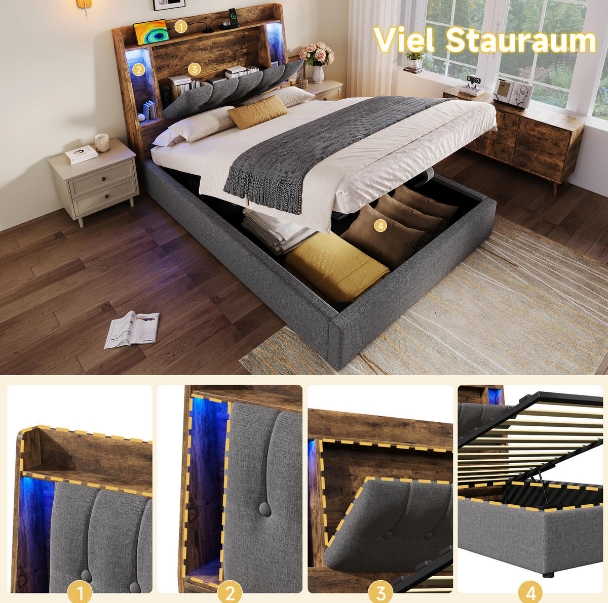 POLSTERBETT 90/200 cm Grau mit Stauraum, LED-Beleuchtung und USB-Anschlüssen - Grau, Textil (90/200cm) - Flora Grace