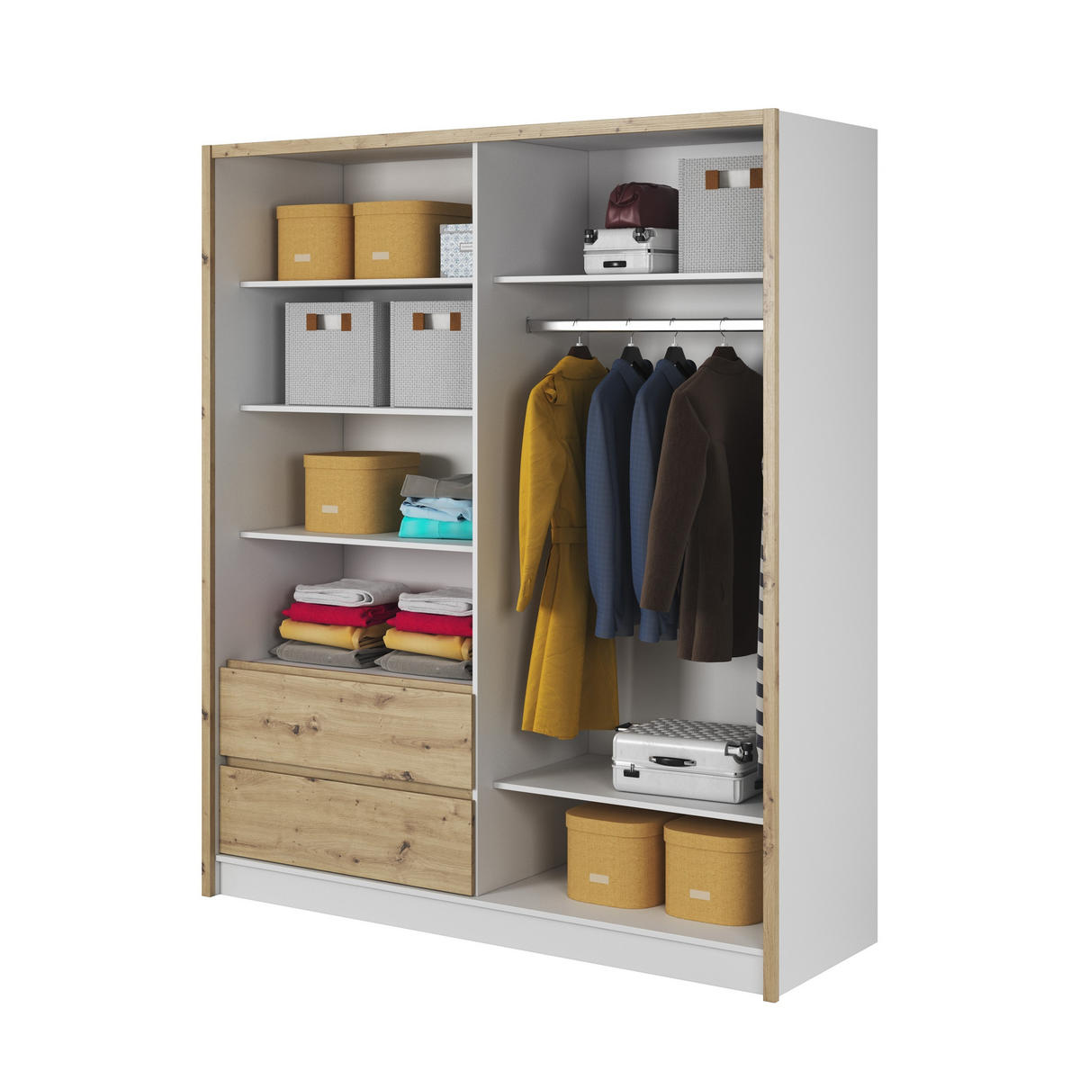 SCHWEBETÜRENSCHRANK SABRINA 184/214/62 cm 3-türig mit Spiegel Weiß - Eiche Artisan/Weiß, Holzwerkstoff (184/214/62cm) - MASSENO