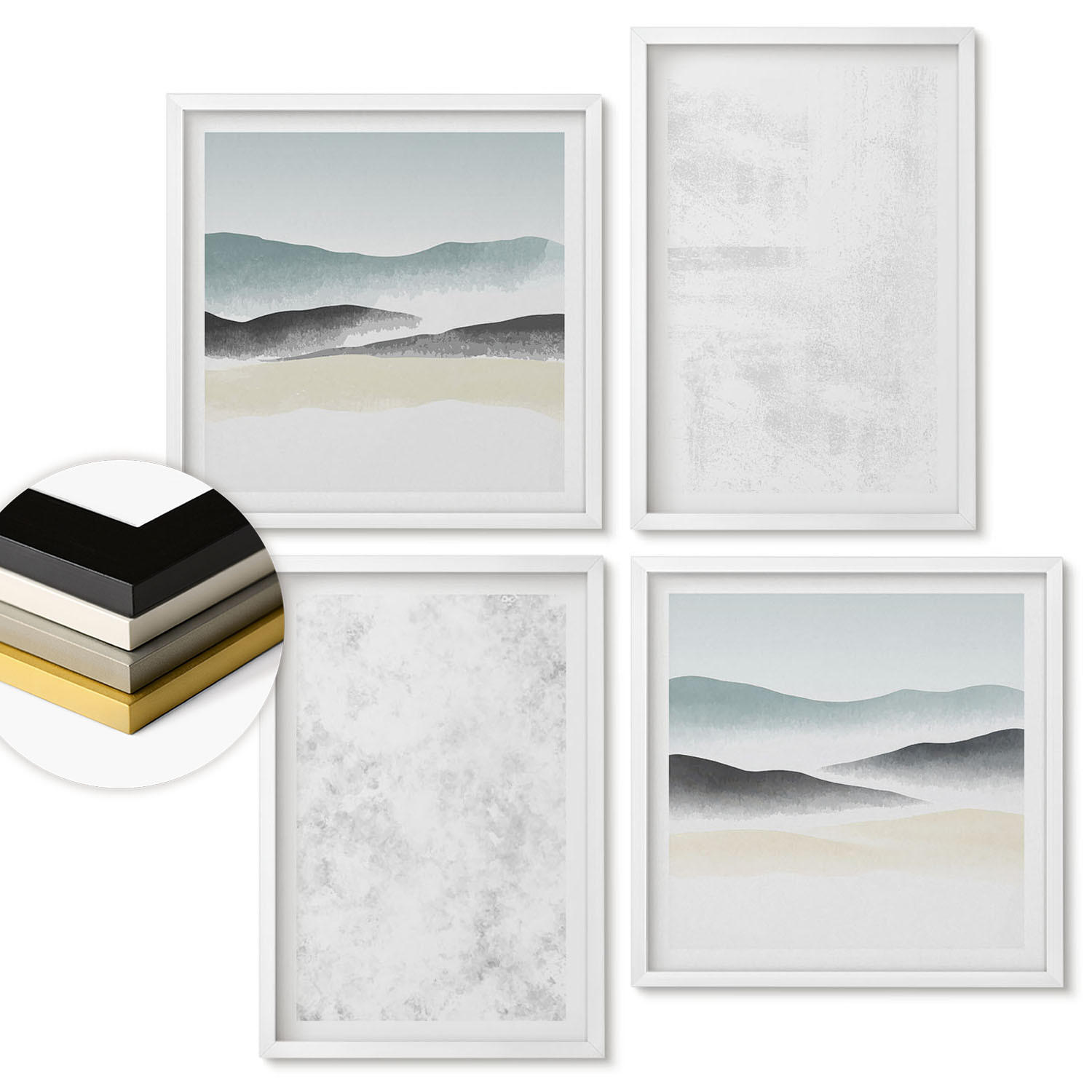 WANDBILDER 4er-Set - 50x50 cm & 40x60 cm Weißer Rahmen - Weiße Flecken auf Leinwandhintergrund - Weiß, Kunststoff (50/50cm) - ArtPrintCave