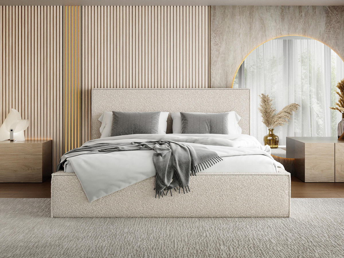 POLSTERBETT Terra Slim mit Bettkasten, Beige Boucle 160x200 cm - Beige/Birkefarben, Holz/Holzwerkstoff (160/200cm) - WFL GROUP