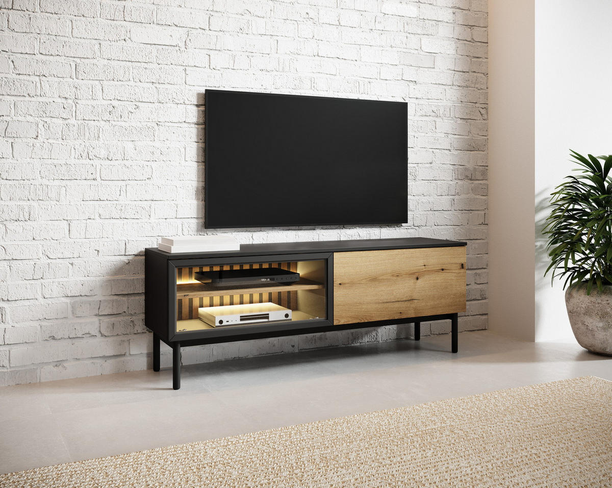 TV-SCHRANK mit Glas 150 cm Jotare, LED, Schwarz, Eiche Evoke - Schwarz, Holz (150/55/39cm) - Emporius