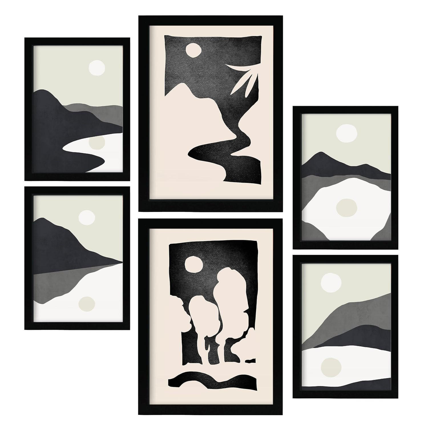 POSTER Set Mit 6 Mitternachtsmond In Kulissen Abstracts Ästhetische Dekorative Gemälde Für Ihr Wohnzimmer Zuhause A3 & A4 Schwarzer Rahmen - Schwarz, Papier (29/3cm) - Nacnic